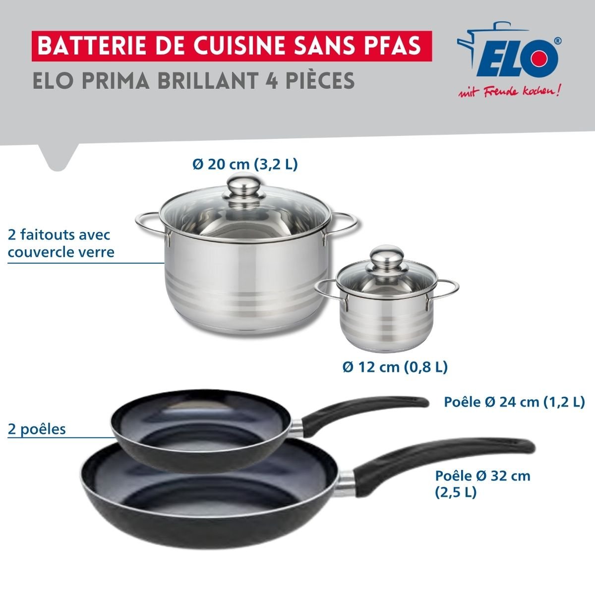 Batterie 2 poêles 24/32cm + 2 faitouts 12/20cm PRIMA BRILLANT noir, ELO