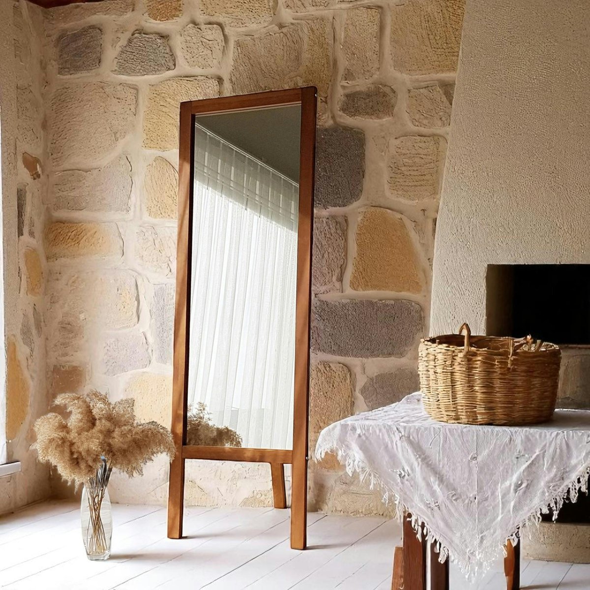 Miroir sur pied en bois avec crochets HILO bois marron, PIER IMPORT