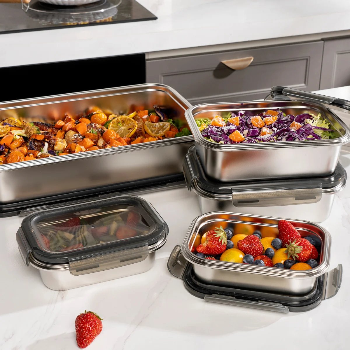 Lot de 5 boîtes rectangulaires en inox (650, 1300, 5000 ml) - Nomade argenté, LAGUIOLE CUISSON