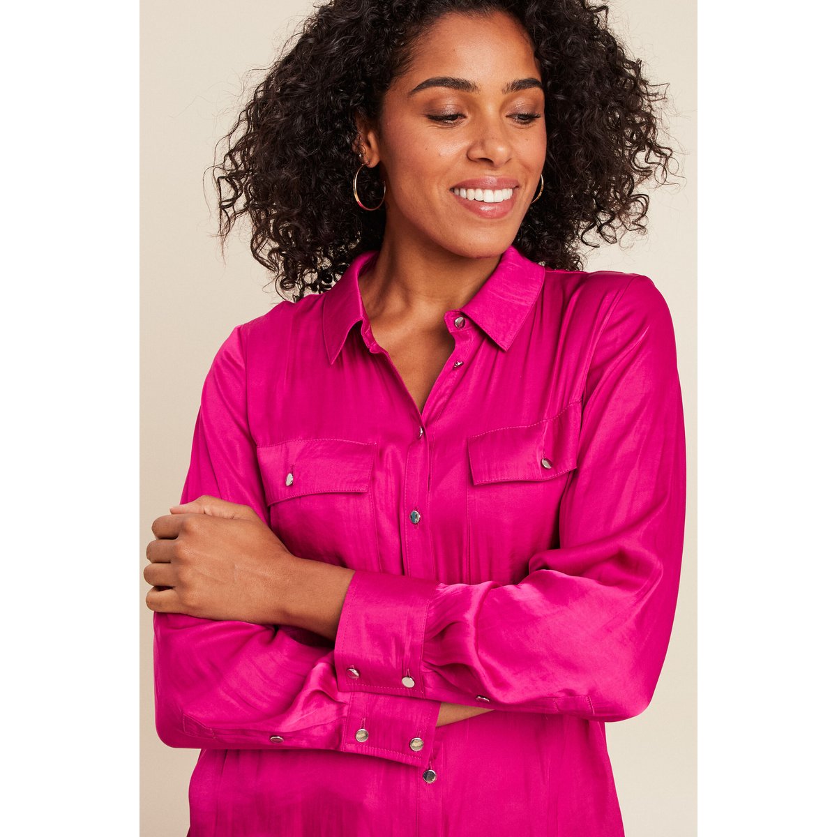 Chemise satinée manches longues rose fushia, BREAL