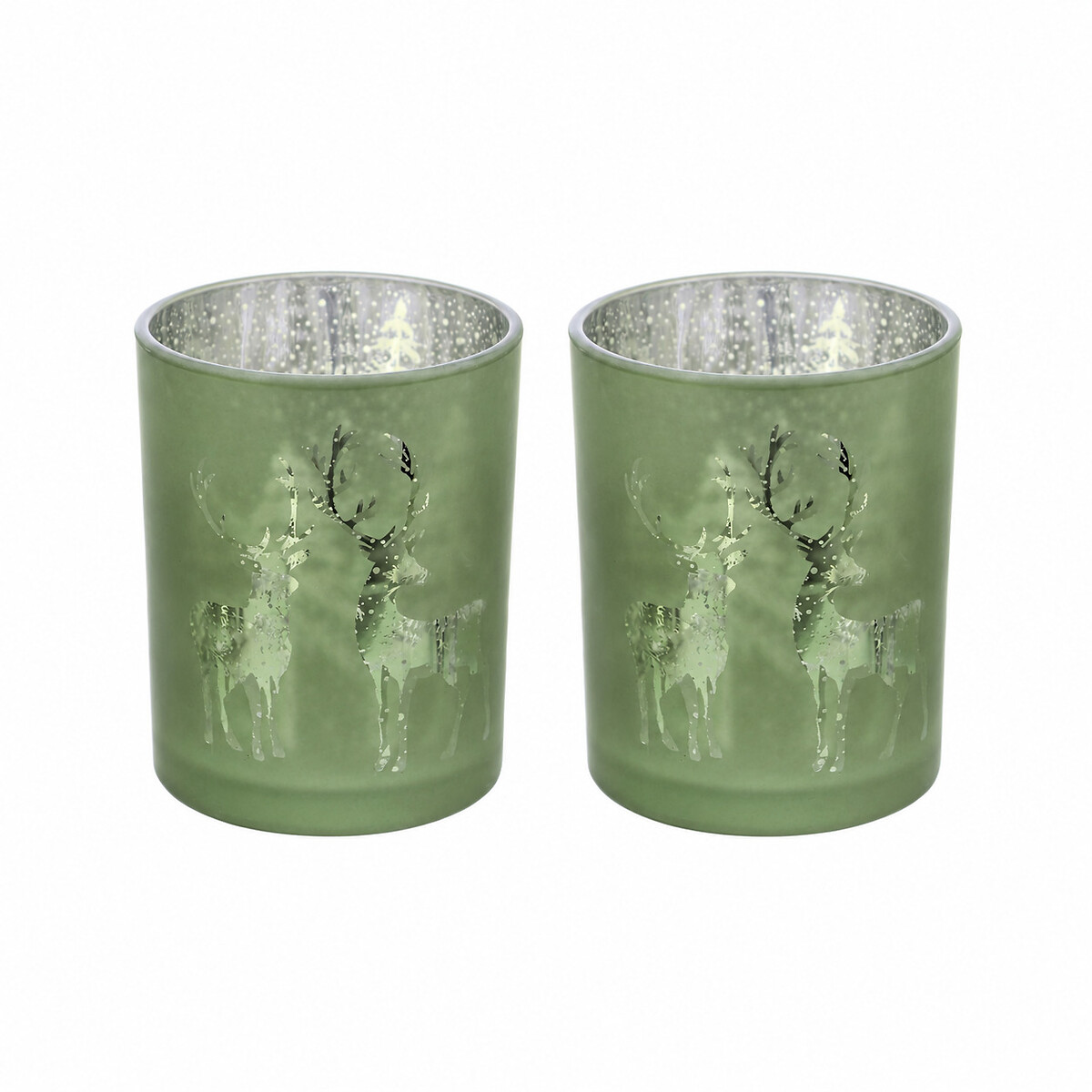 Set of 2 10cm Heritage Noel Reindeer Etched Tealight Holders green, SO'HOME