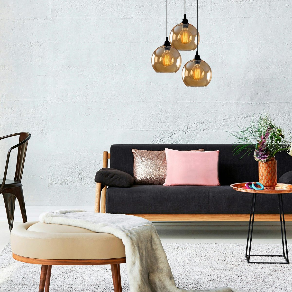 Suspension grappe moderne en verre doré, 3 globes SIVAS ambre, PIER IMPORT