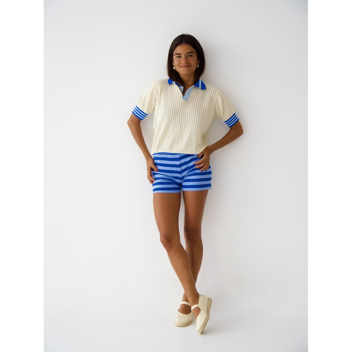 Polo ajouré manches courtes SARA écru / bleu, MINDTRAVELER