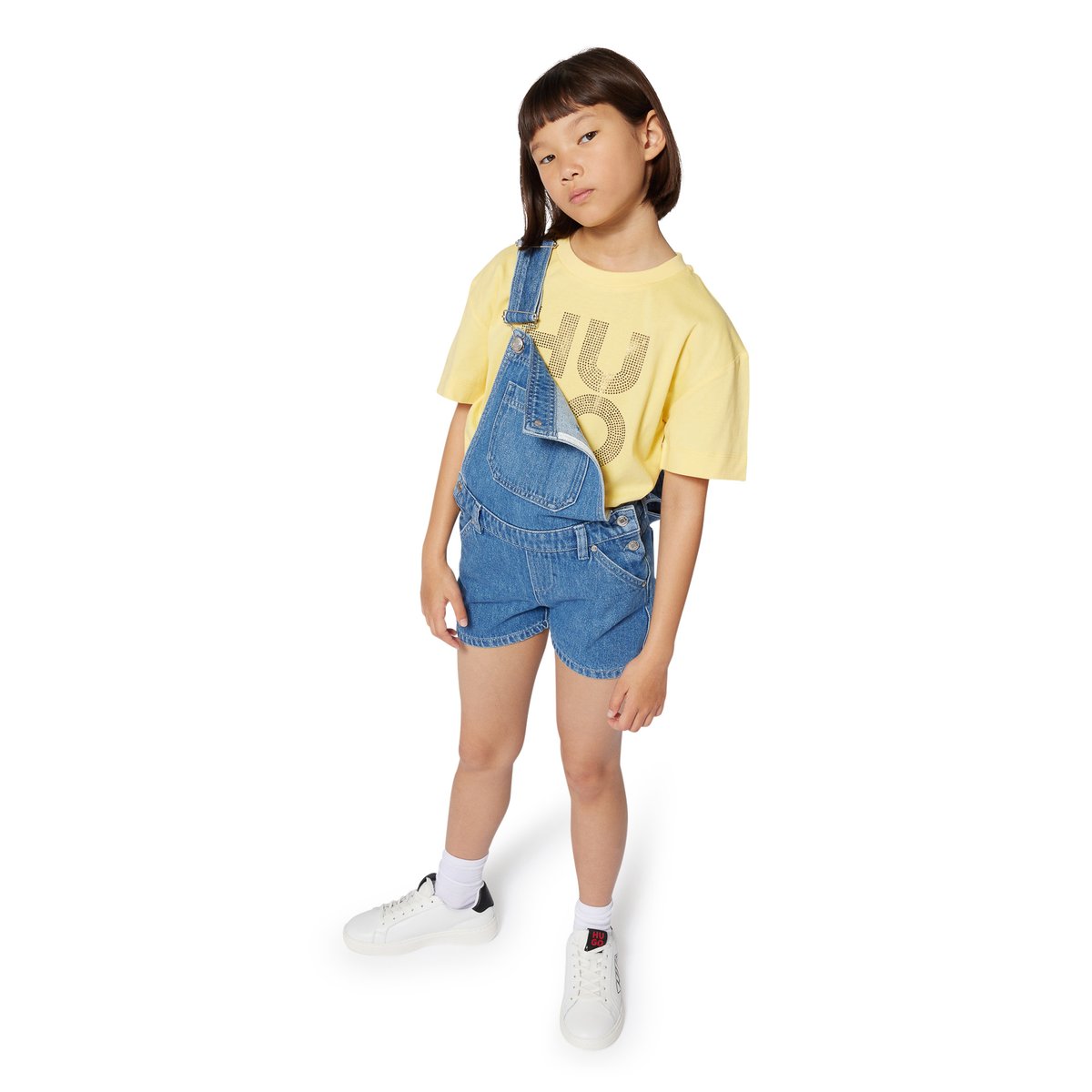 Salopette short en jean denim blue, HUGO KIDSWEAR