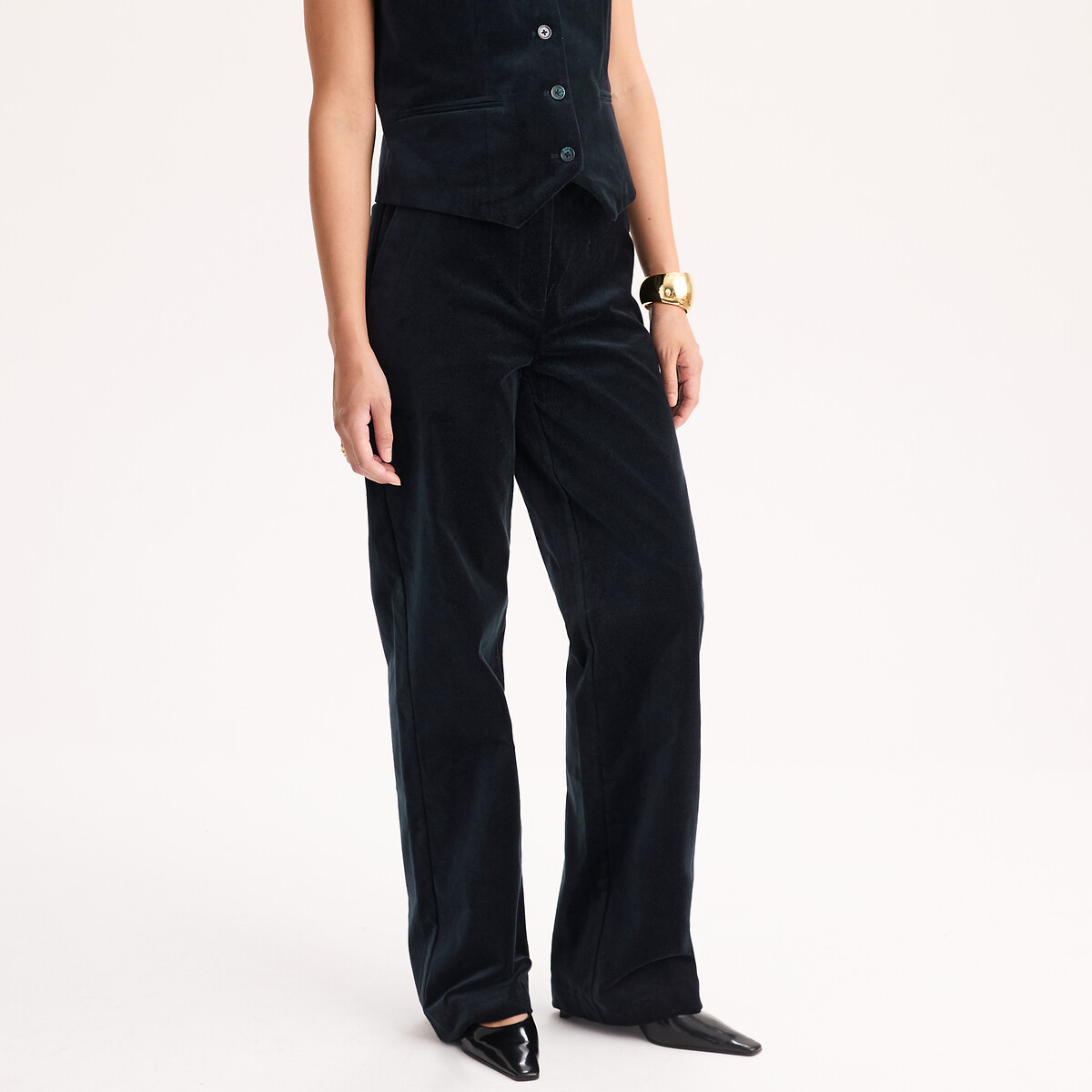 Pantalon large en velours lisse bleu marine, ANNE WEYBURN
