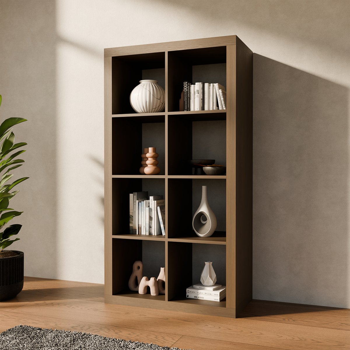 Etagère bibliothèque décor bois 4 niveaux 8 compartiments BASIKS noyer, SWEEEK