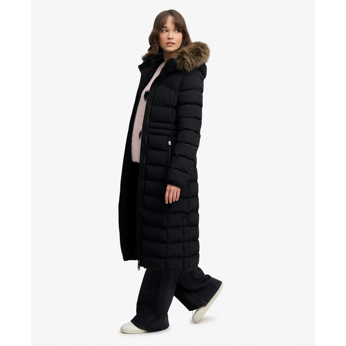 Veste Fuji Longue à Capuche en imitation Fourrure noir, SUPERDRY