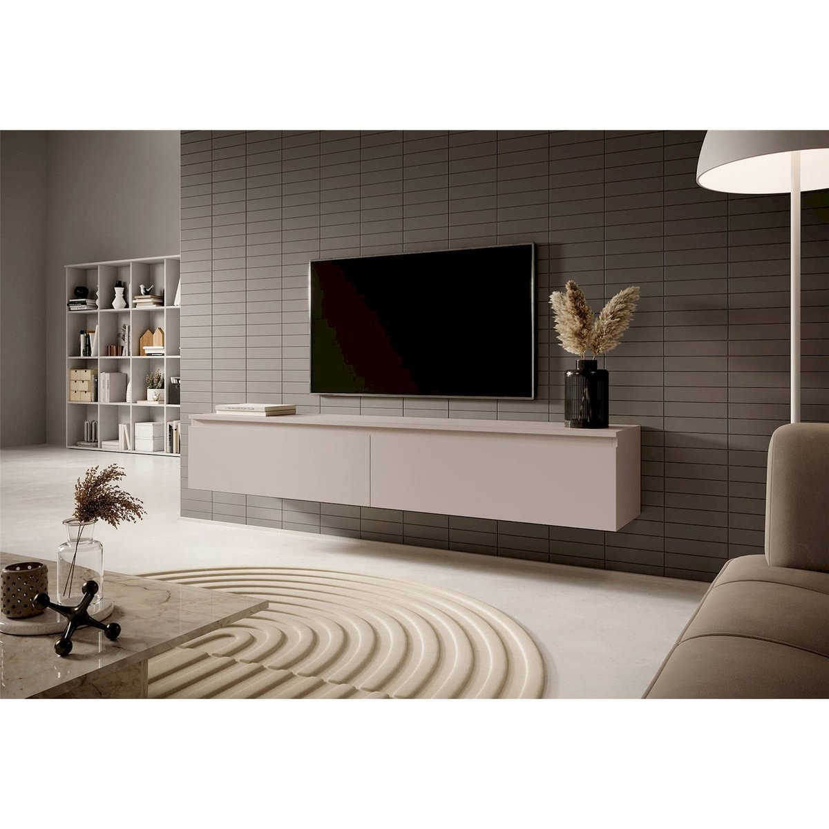 Meuble tv suspendu bois collection SENEY gris beige, RECOLLECTION