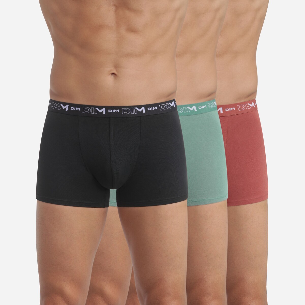 Lot de 3 boxers Coton Stretch noir + vert + rouge bordeaux, DIM