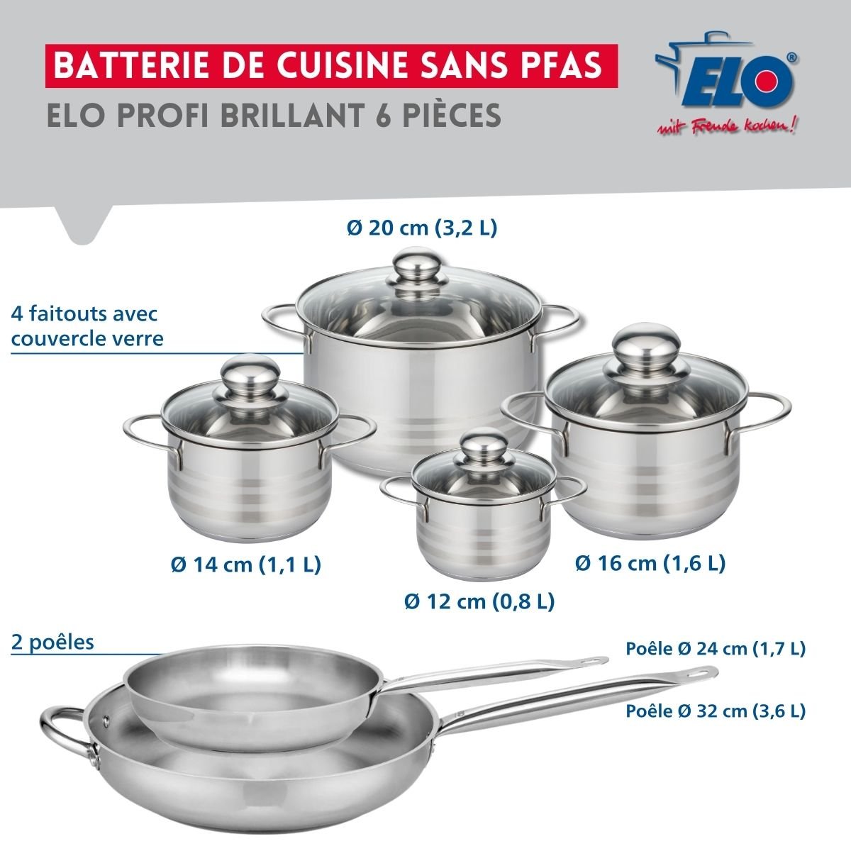 2 poêles 24/32cm + 4 faitouts 12/14/16/20cm PROFI BRILLANT gris, ELO