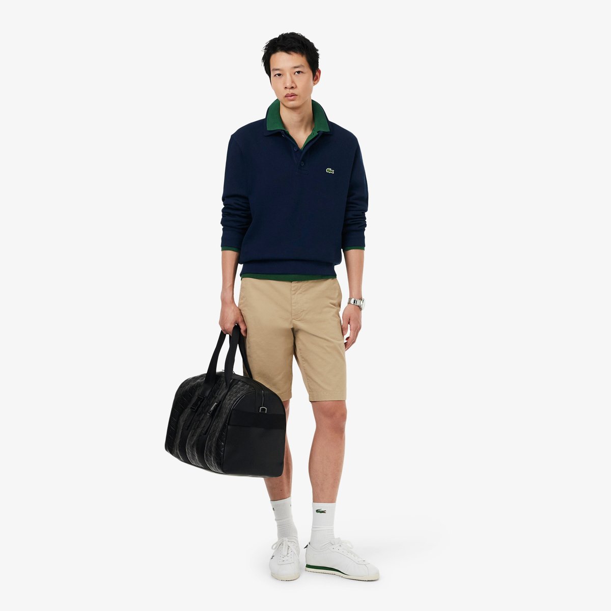 Sweatshirt col polo coton côtelé bleu-166, LACOSTE