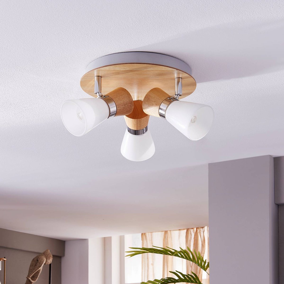 Plafonnier en bois scandinave, Vivica blanc, bois clair, chrome, LINDBY