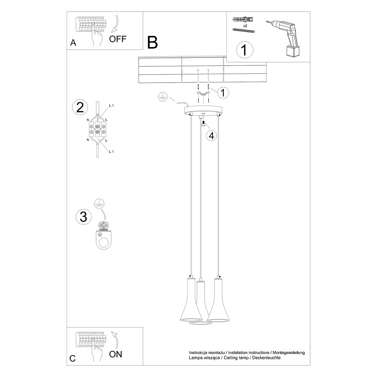 Suspension Béton Gris E14 3 Rea gris, EDEN