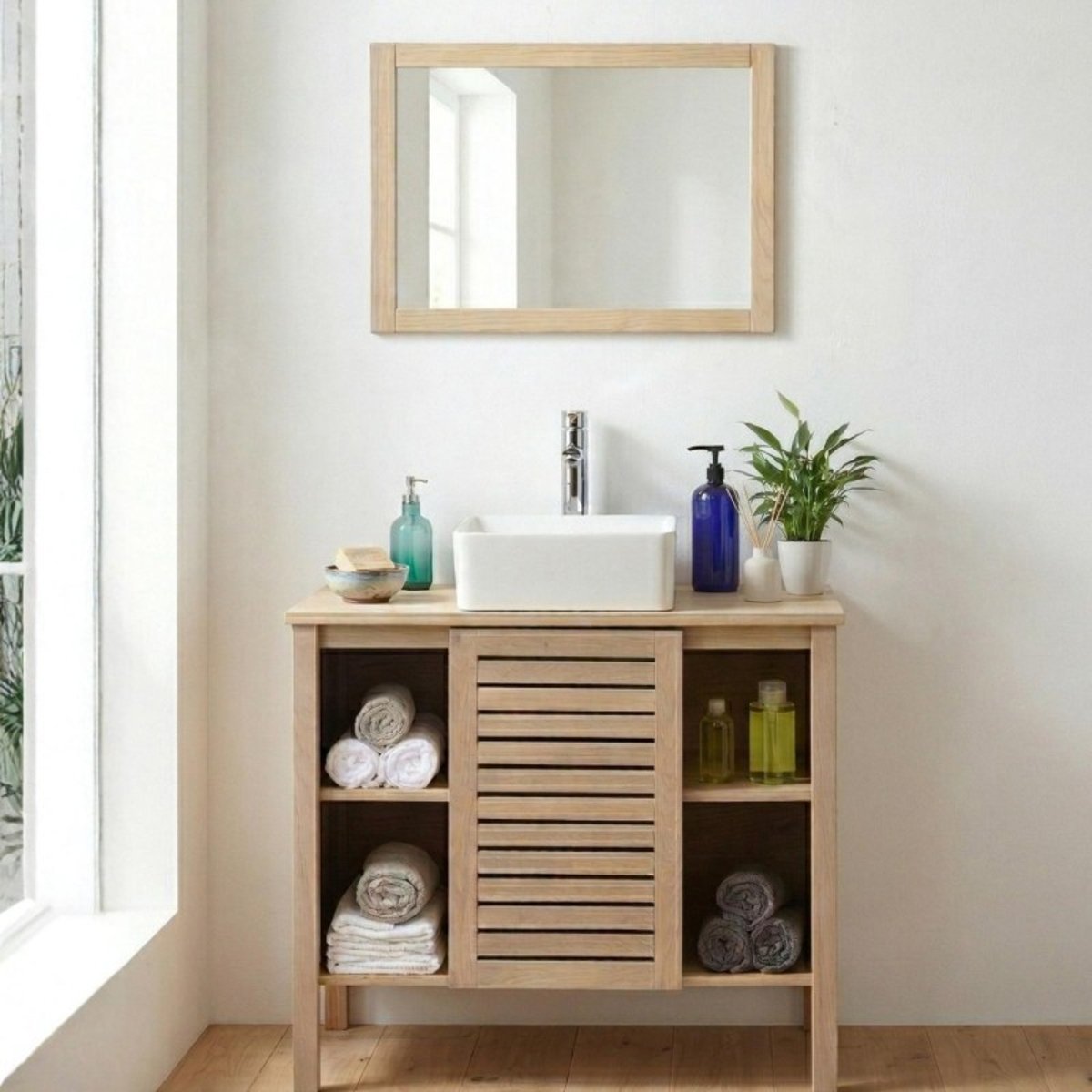 Ensemble simple vasque 90cm chêne avec vasque, robinet et miroir TALIX chêne, MOB IN