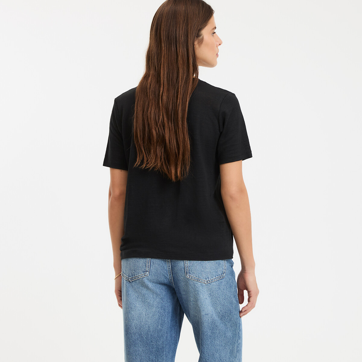 Linen Crew Neck T-Shirt with Short Sleeves black, LA REDOUTE COLLECTIONS