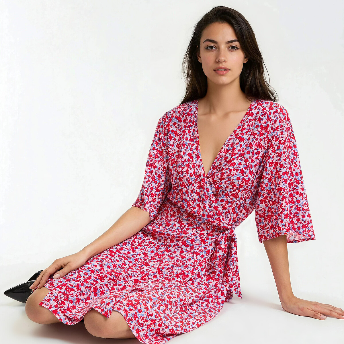 Robe cache-cœur évasée, imprimé floral, courte, manches courtes imprimé fleurs rouge, LA REDOUTE COLLECTIONS