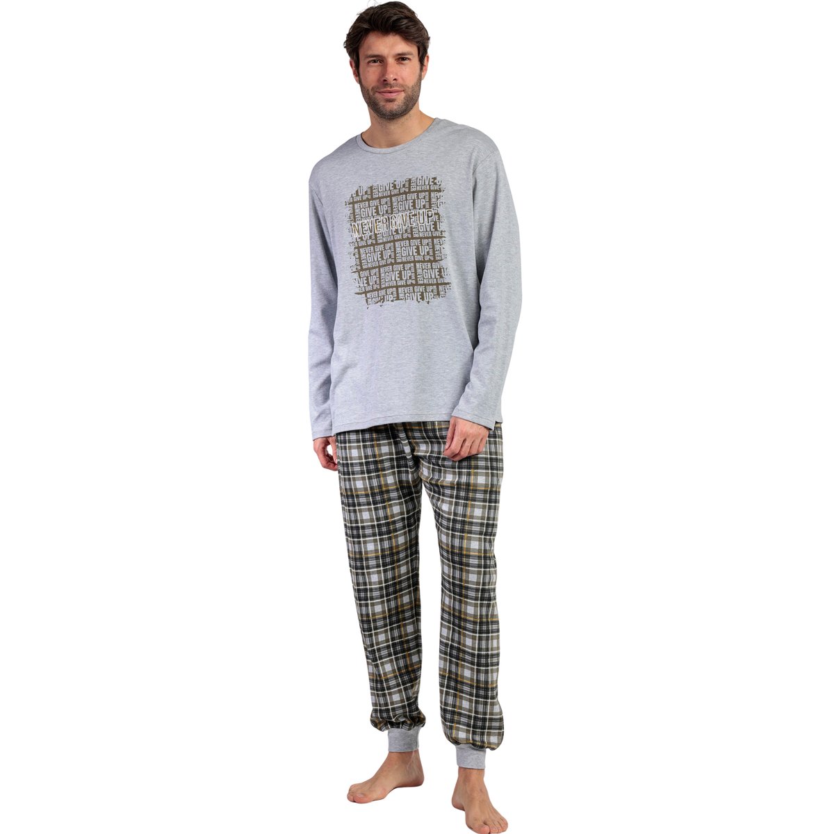 Pyjama pantalon top manches longues Never Give Up gris, ADMAS