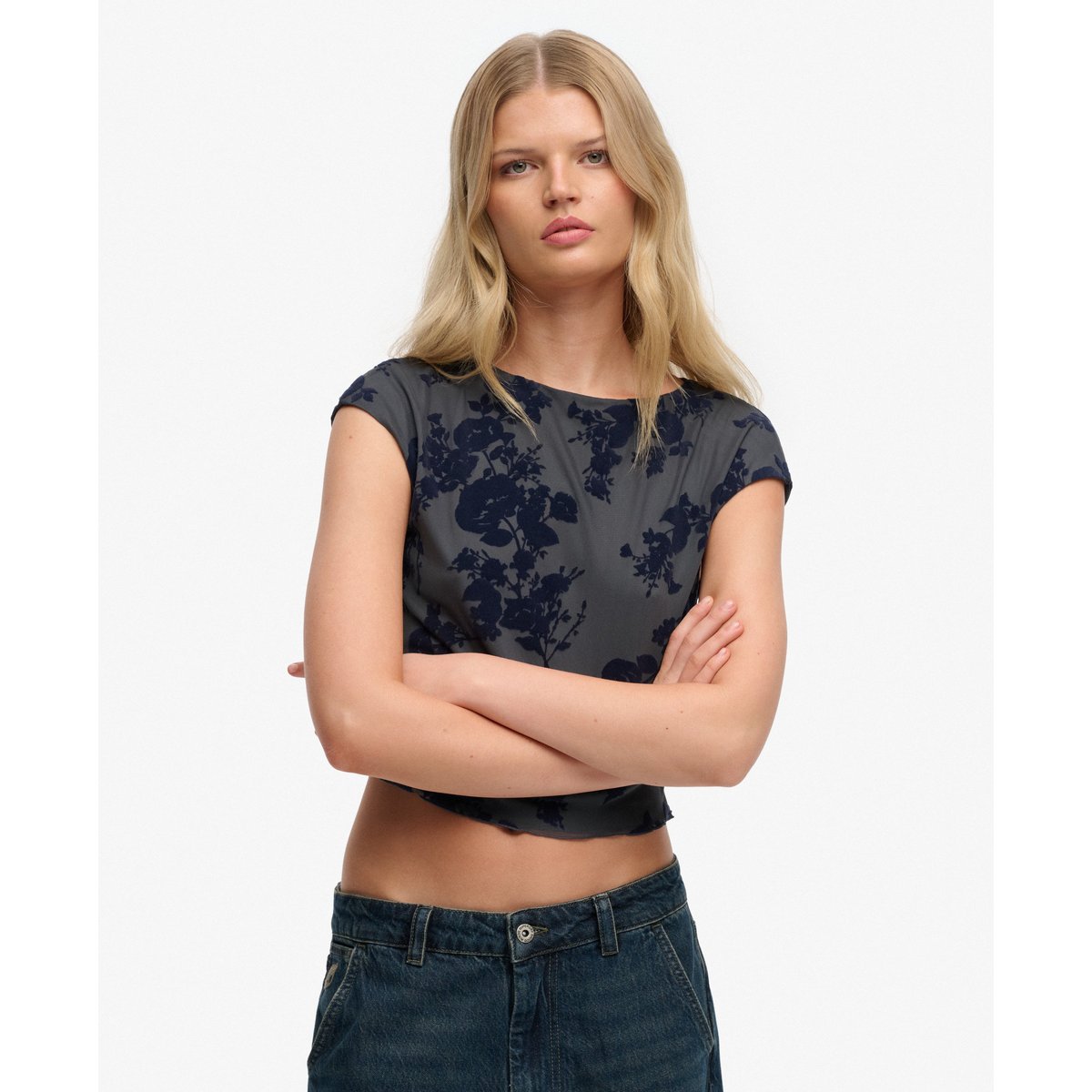 Top à manches courtes en mesh floqué bleu minuit, SUPERDRY
