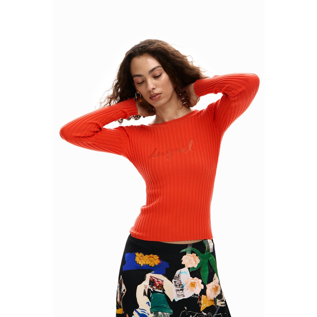 T-shirt côtelé logo rouge, DESIGUAL
