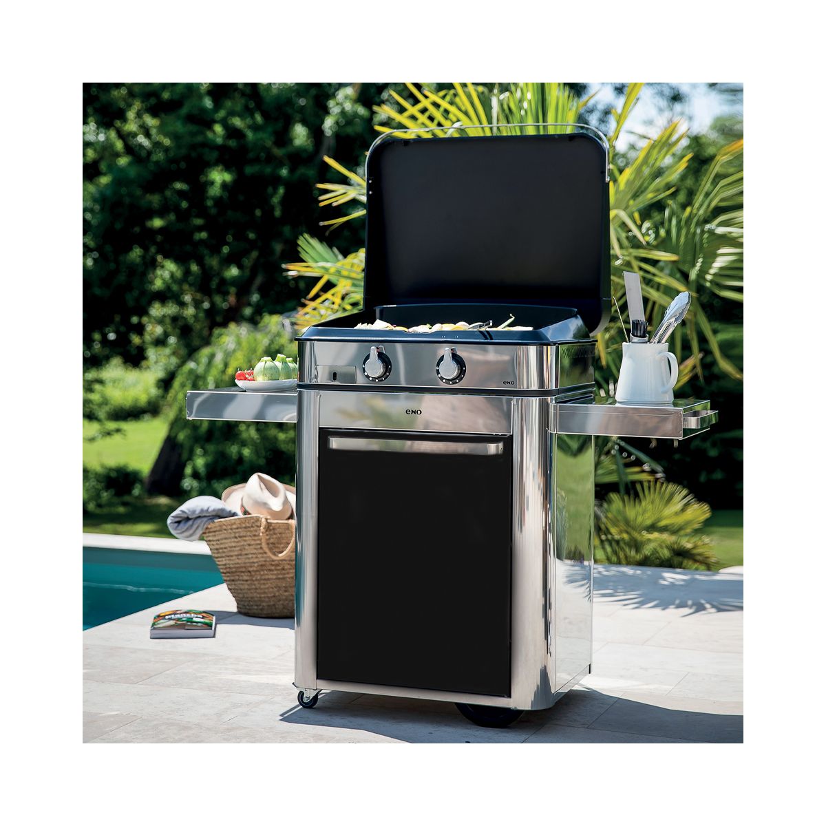 Plancha gaz Combo Enosign 65 Inox et Noir sur chariot, 56x40 cm noir, ENO