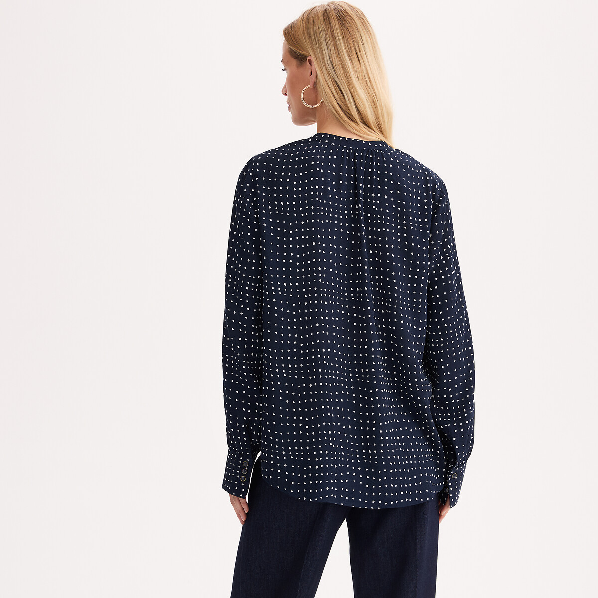 Polka Dot Viscose V-Neck Long Sleeve Blouse printed pea navy blue background, ANNE WEYBURN