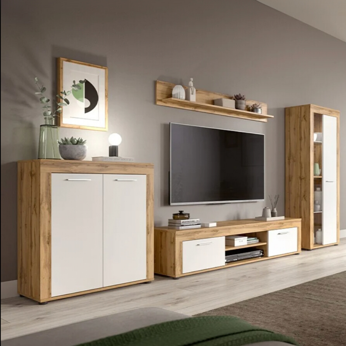 Meuble vitrine 1 porte vitrée blanc et chêne wotan H159 cm - AOSTA blanc, CALICOSY