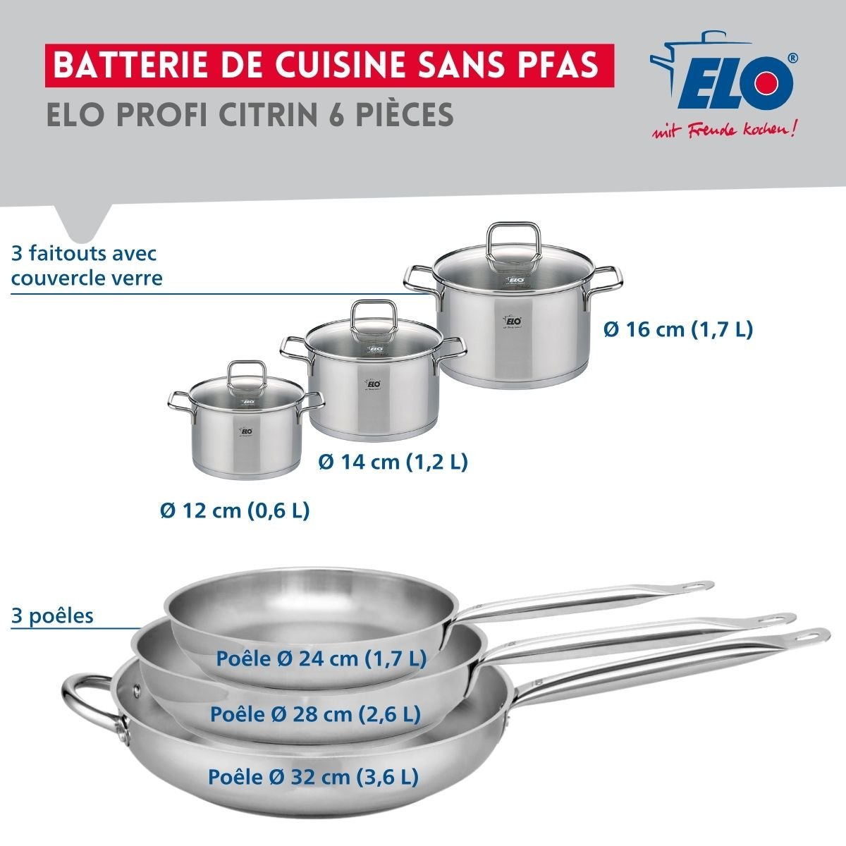 3 poêles 24/28/32cm + 3 faitouts 12/14/16cm PROFI CITRIN gris, ELO