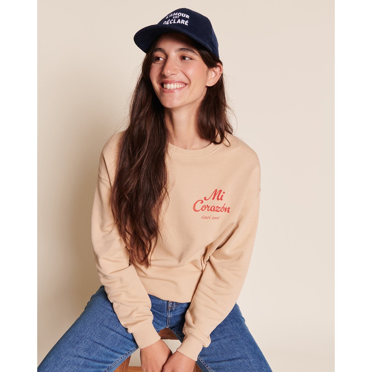 Sweat imprimé en coton bio, MI CORAZON beige - sable, EMOI EMOI