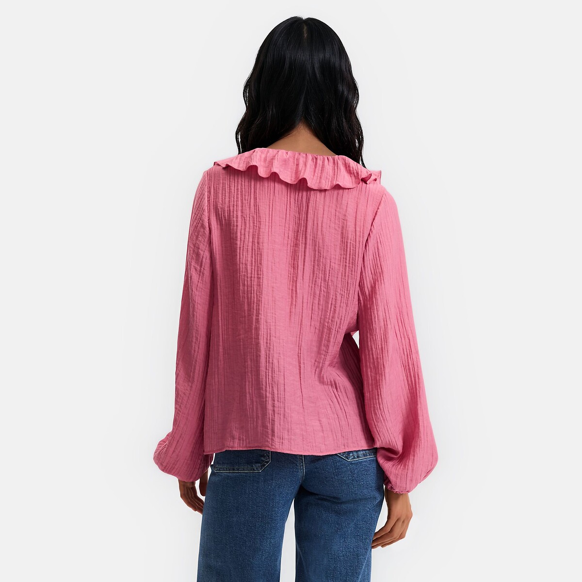 Ruffled Long Sleeve V-Neck Blouse dusty pink, LA REDOUTE COLLECTIONS