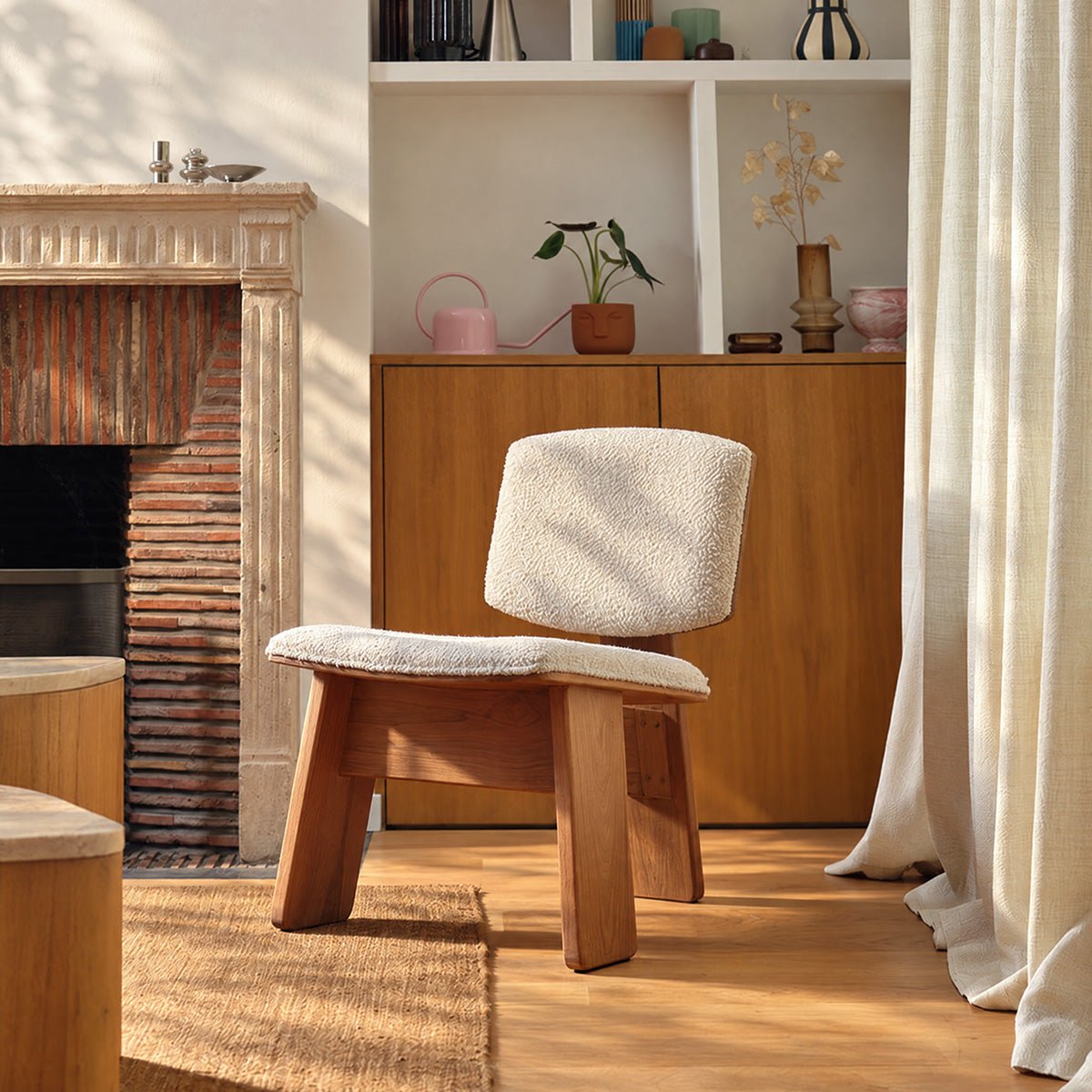 Fauteuil en teck massif et tissu bouclette  BILY ecru, BERAH GETAH