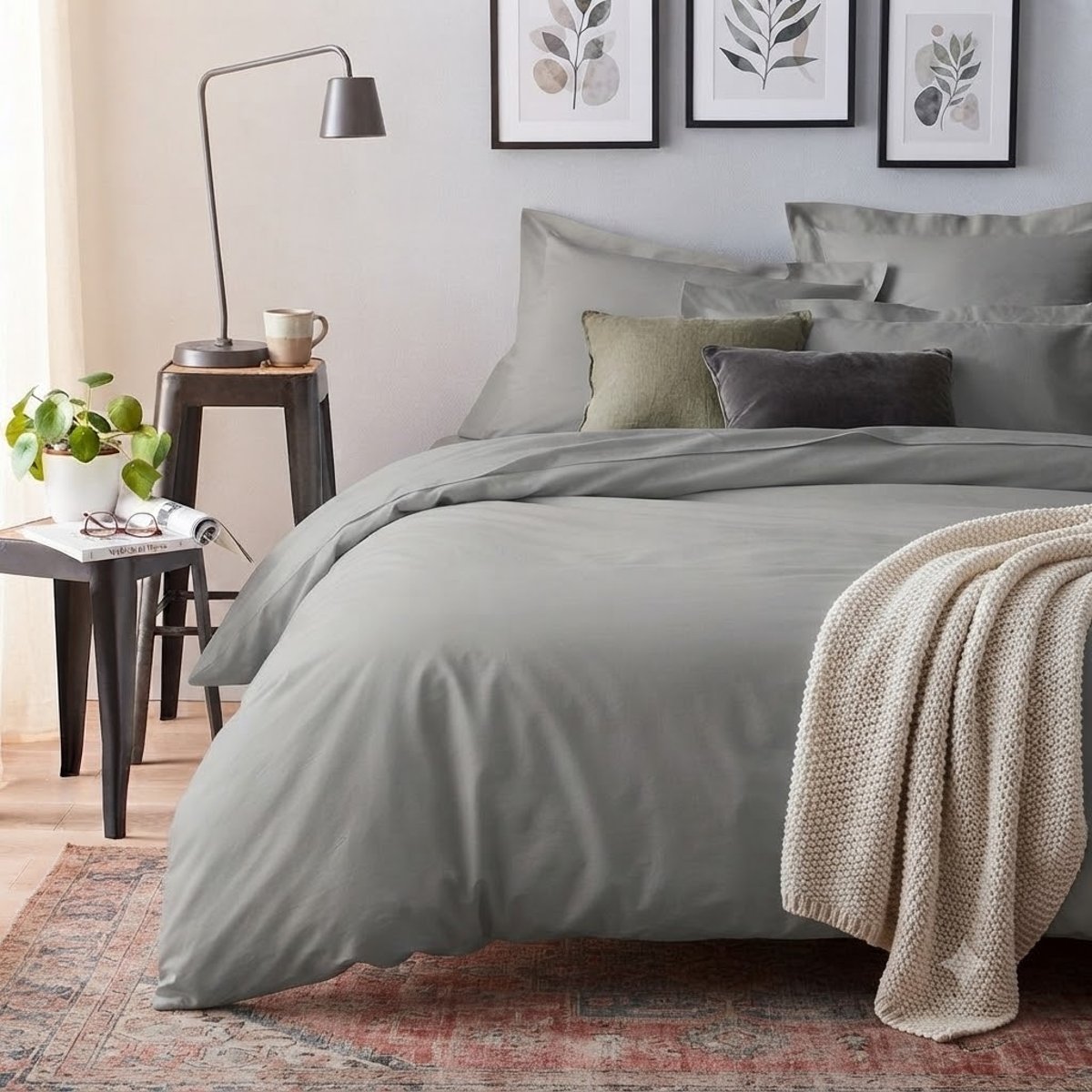 Taie d'oreiller en satin de coton gris, EDEN