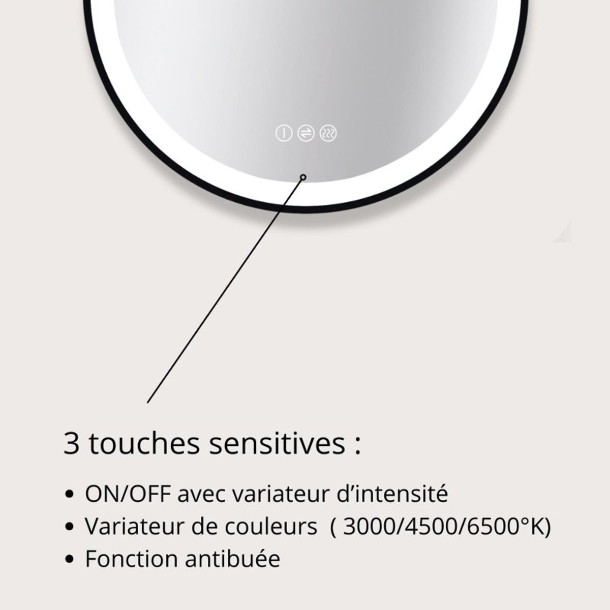 Miroir LED rond D60/120cm avec cadre alu noir AUREYA v002233, MOB IN