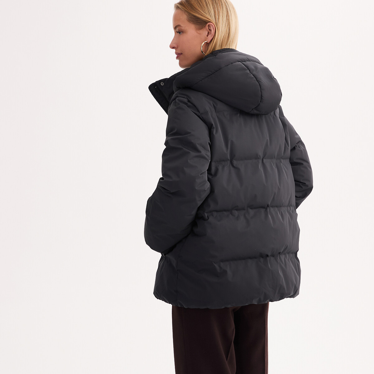Doudoune courte matelassée, à capuche, rembourrage duvet et plumes, plein hiver noir, ANNE WEYBURN