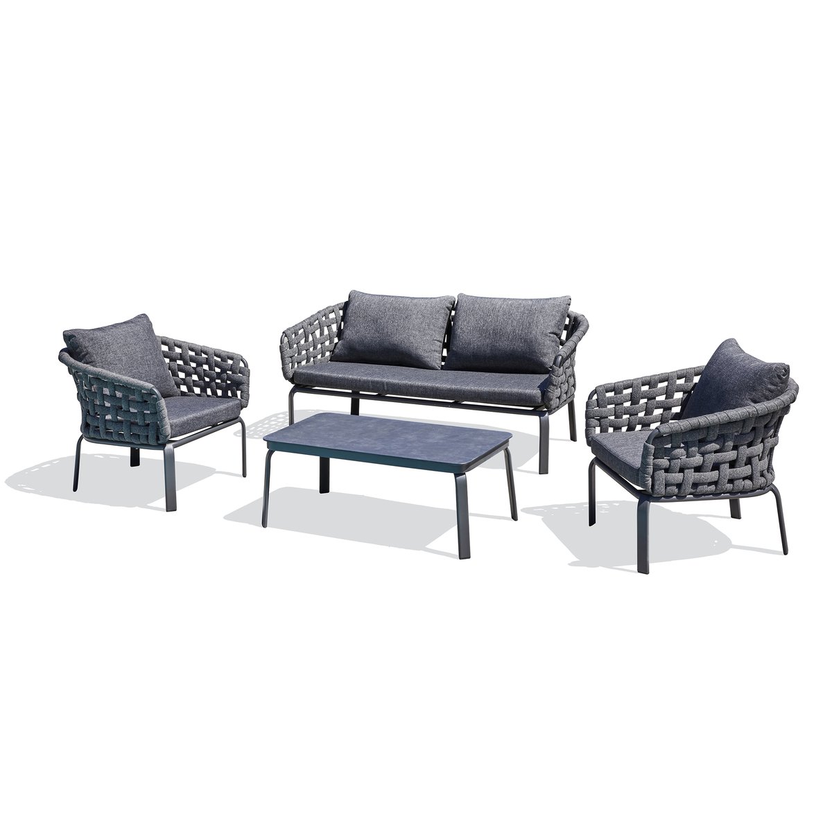 Salon de jardin 4 places en corde tissée et aluminium CAMARGUE gris anthracite, PARIS GARDEN