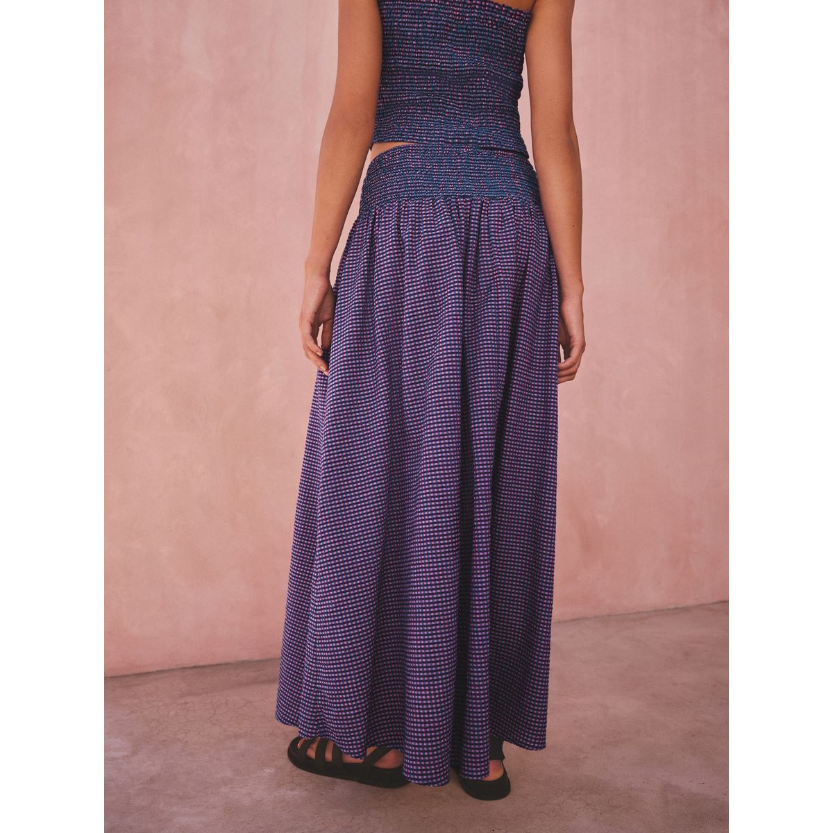 Jupe longue à taille smockée vingham violet/bleu, NEXT