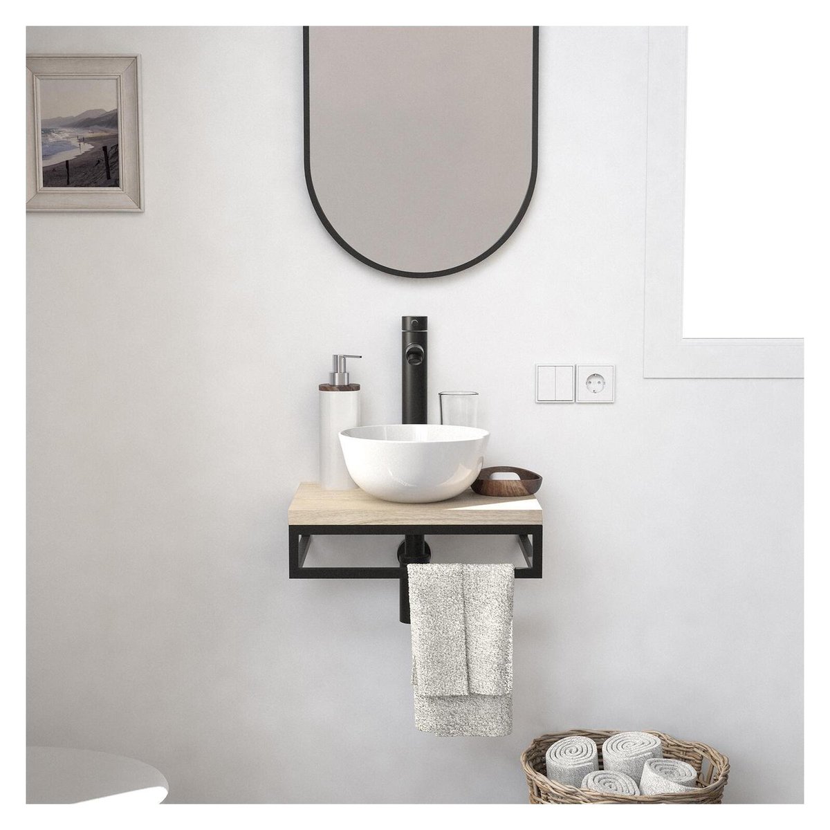 Lave-mains fin +vasque+robinet+miroir SOHO décor chêne, MOB IN