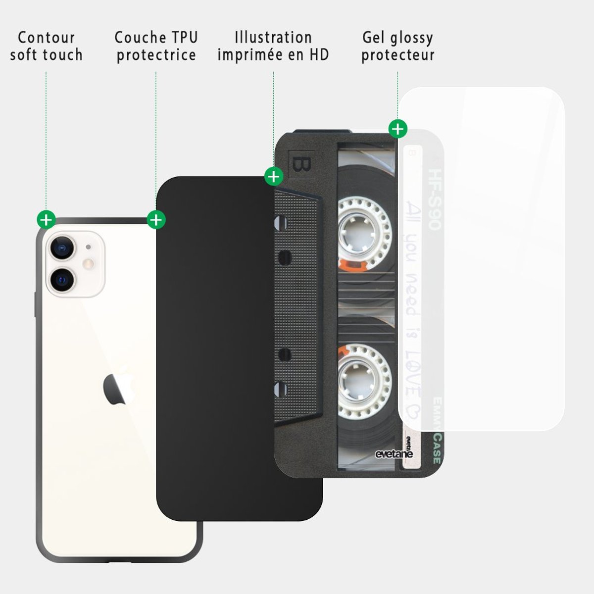 Coque soft touch glossy iPhone 12 Mini cassette, EVETANE