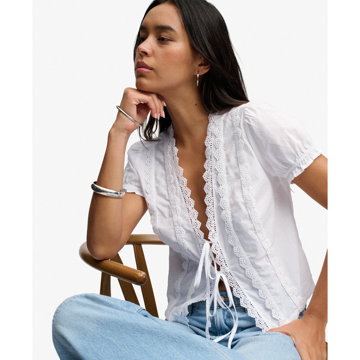 Blouse à Liens avec Bordure en Dentelle optic, SUPERDRY