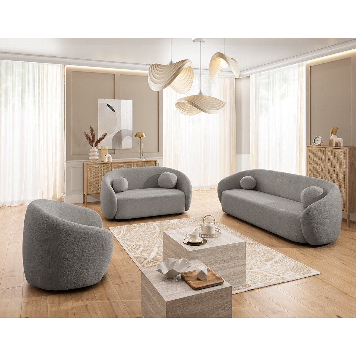 Flore - Canapé droit 2 places en tissu bouclette gris, BEST MOBILIER