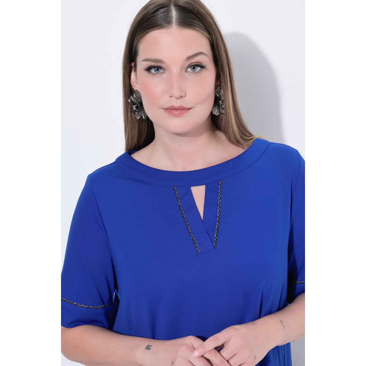 T-shirt en point de Rome, liserés fantaisie bleu cobalt, ULLA POPKEN