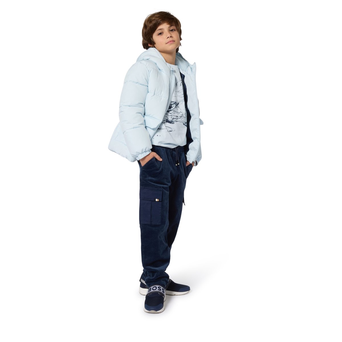 Pantalon en velours bleu cargo, BOSS KIDSWEAR