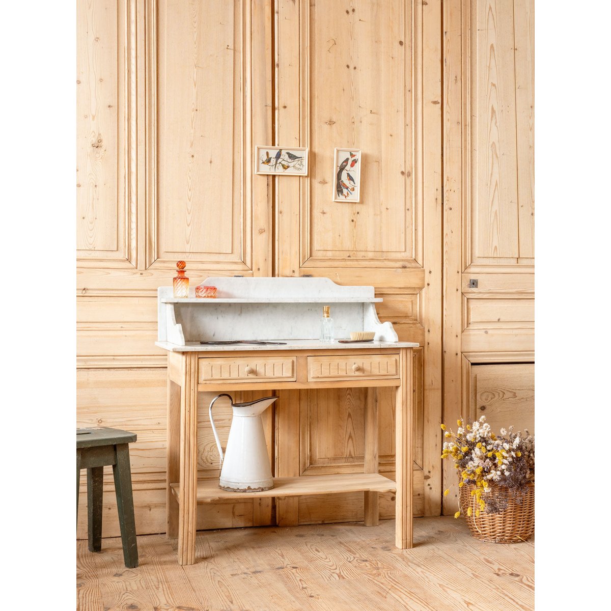 Coiffeuse en bois et marbre Louise N°331 - Bon état bois clair, DEBONGOUT