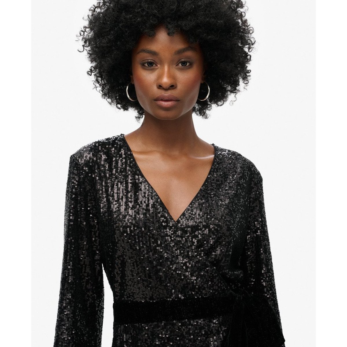 Robe portefeuille courte velours et sequins sequins noirs, SUPERDRY