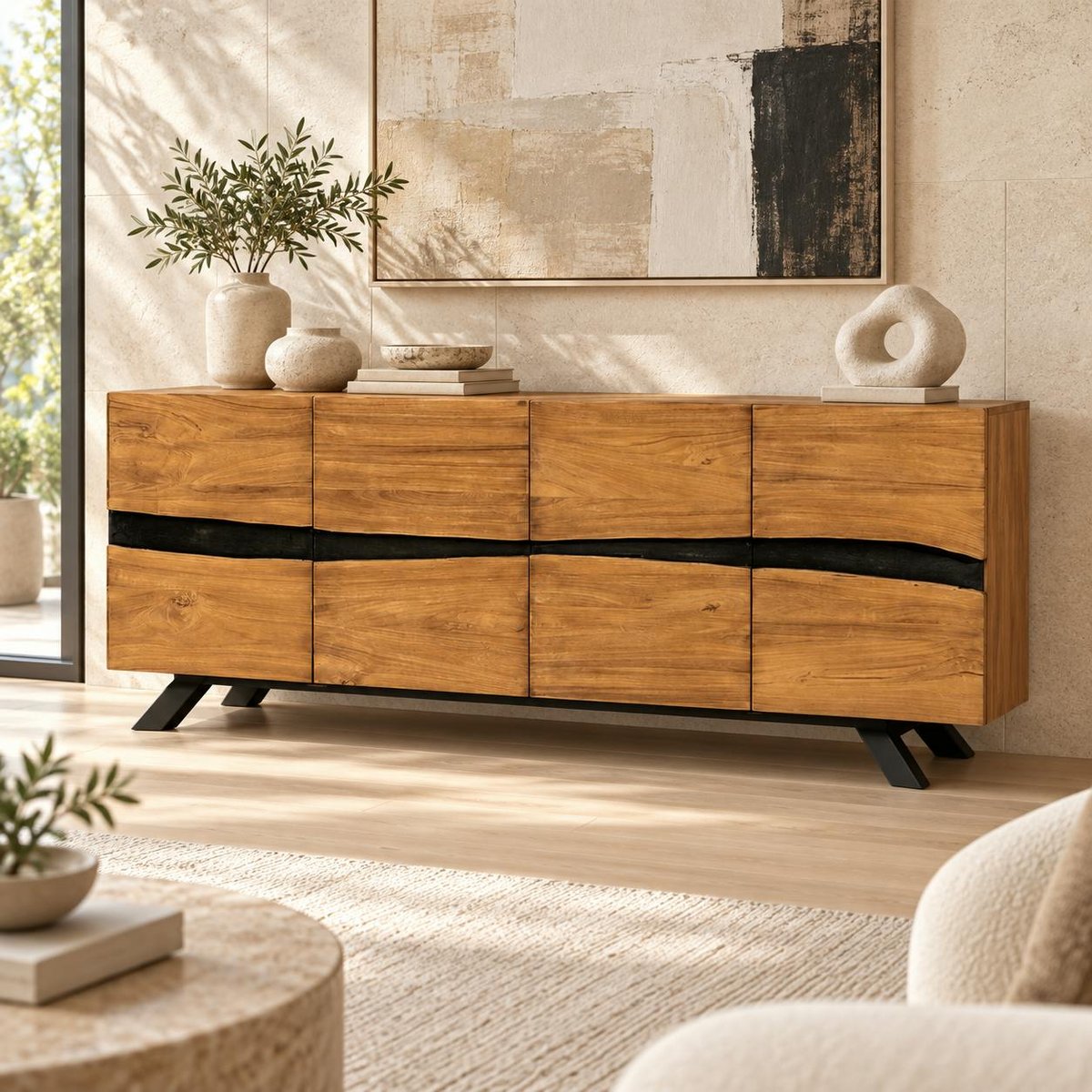 Buffet moderne bois recyclé teck laque noire 200 cm BARBADE bois naturel, PIER IMPORT