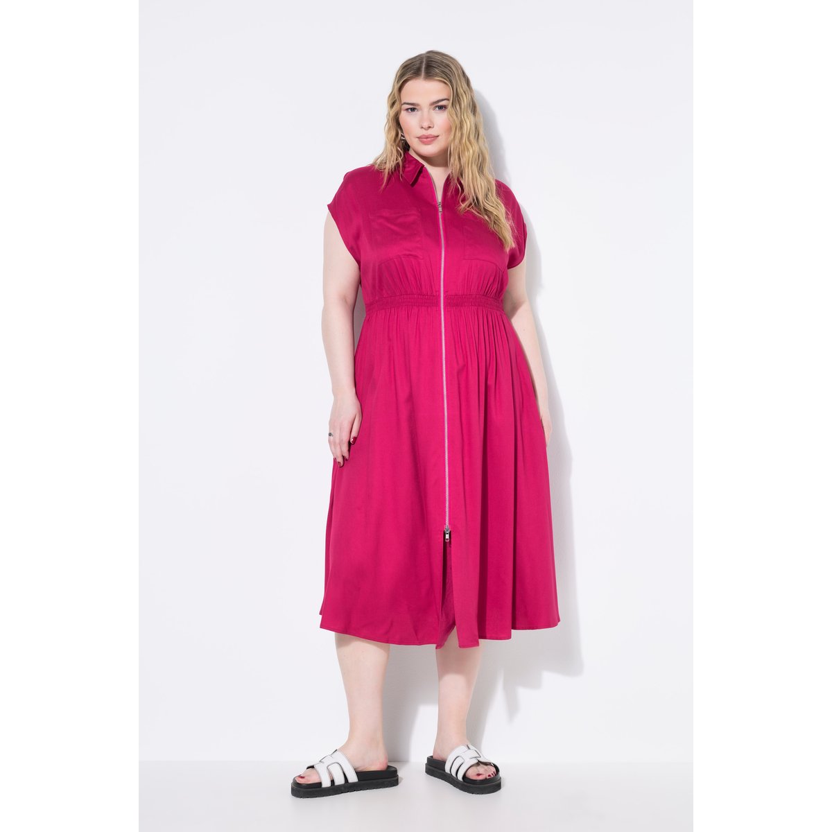 Robe maxi coupe évasée, fermeture zippée rouge rose, STUDIO UNTOLD