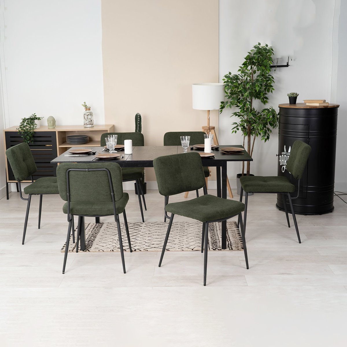 Ensemble de table à manger extensible à allonge avec 6 chaises, BARI6PCSSET vert, MEUBLES COSY