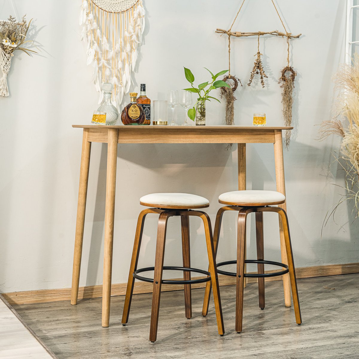Lot de 2 tabourets de bar en bois, MORENO beige, NORDLYS