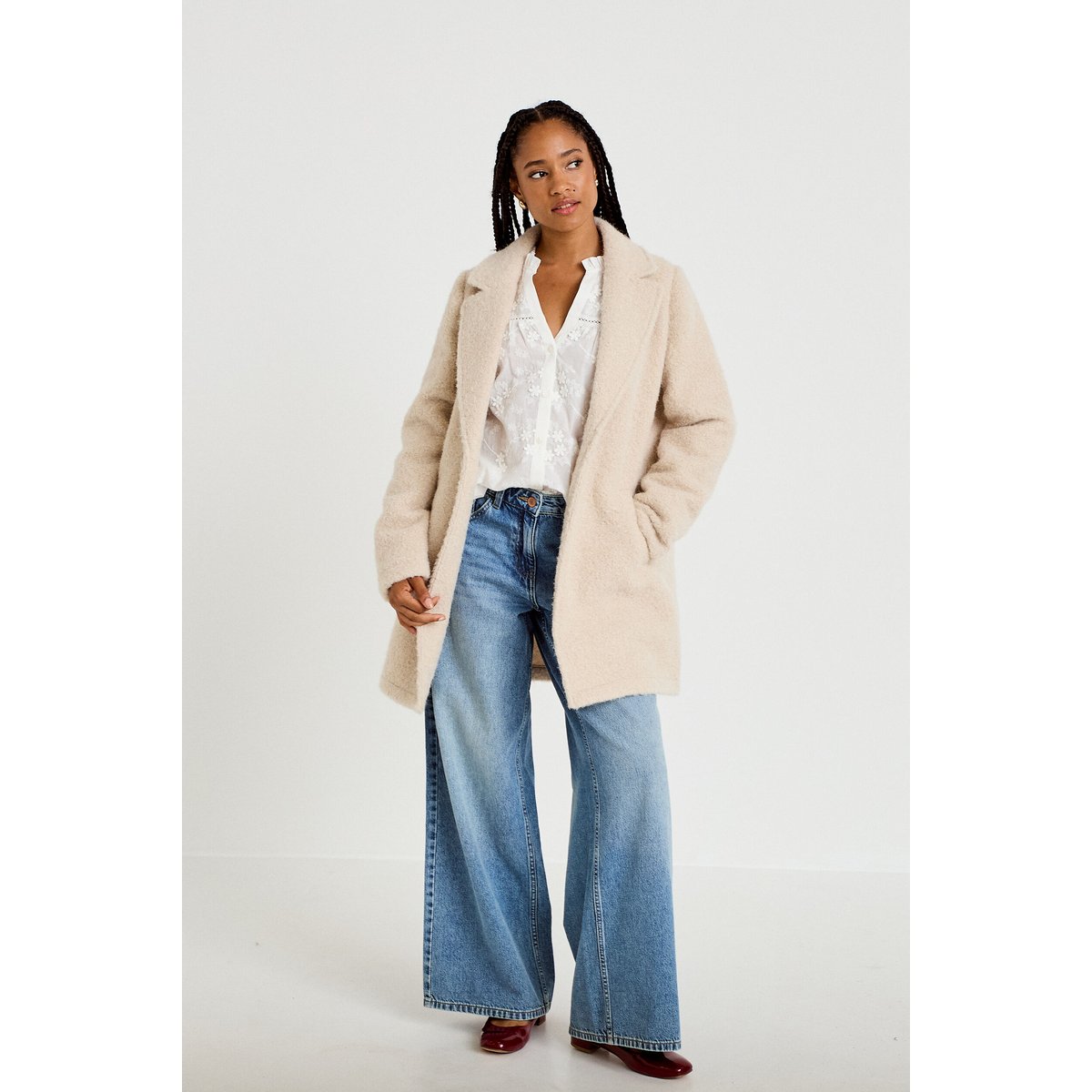 Manteau droit mi-long bouclettes beige, CACHE CACHE