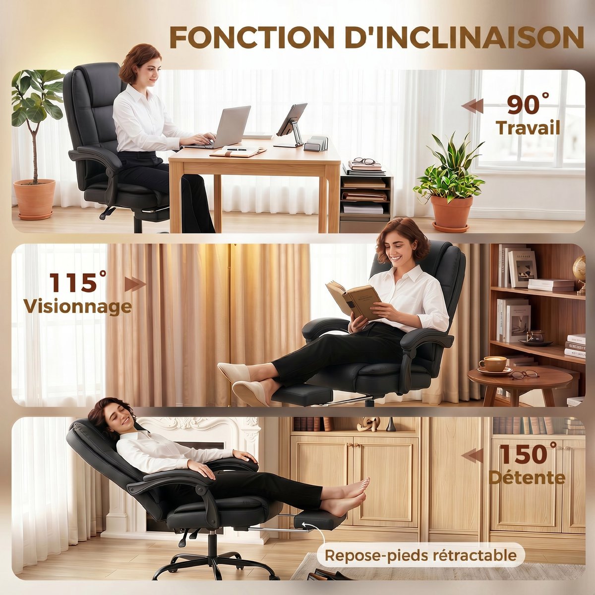 Chaise de bureau PU Noir noir, HOMCOM