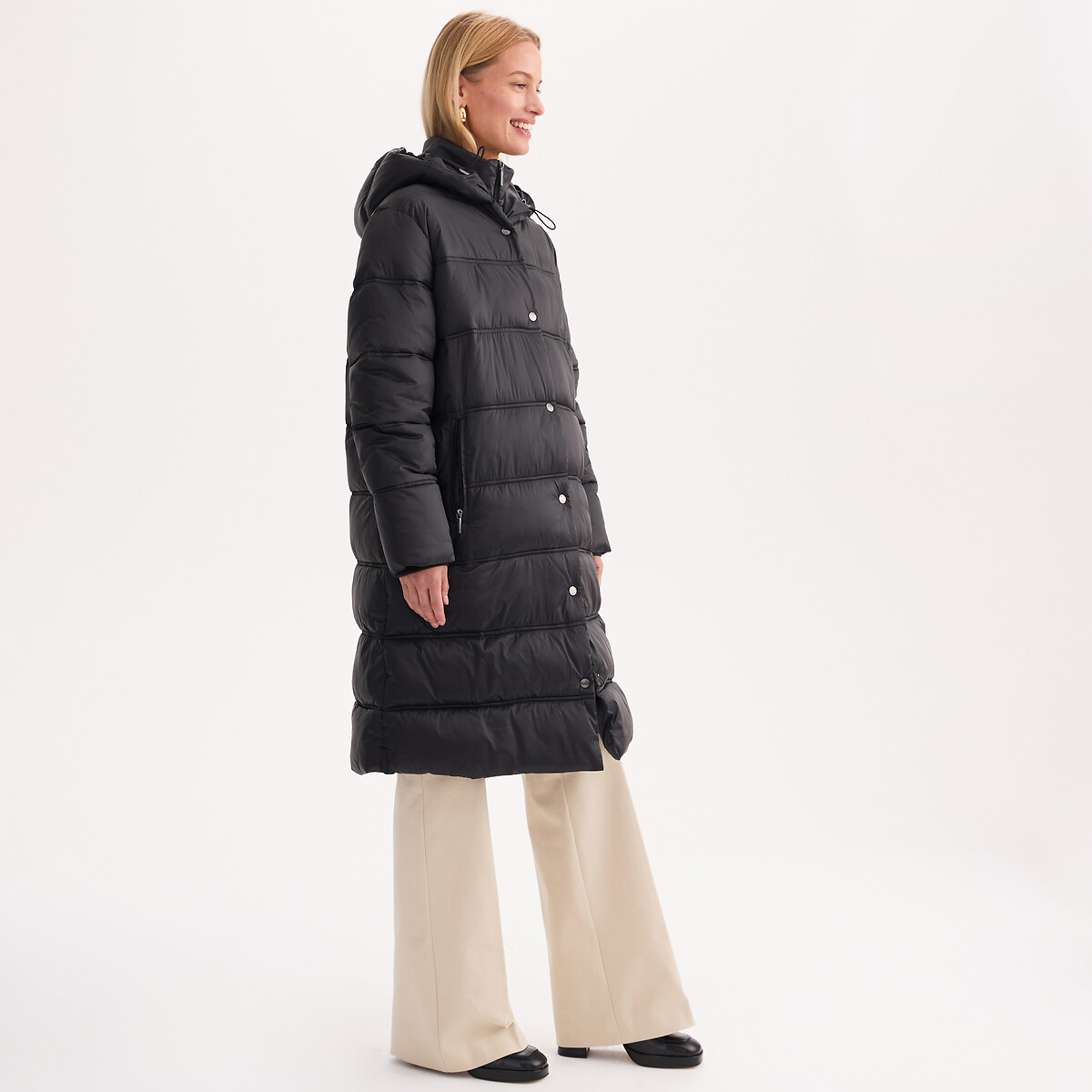 Doudoune longue capuche fixe fermeture zippée, plein hiver noir, ANNE WEYBURN